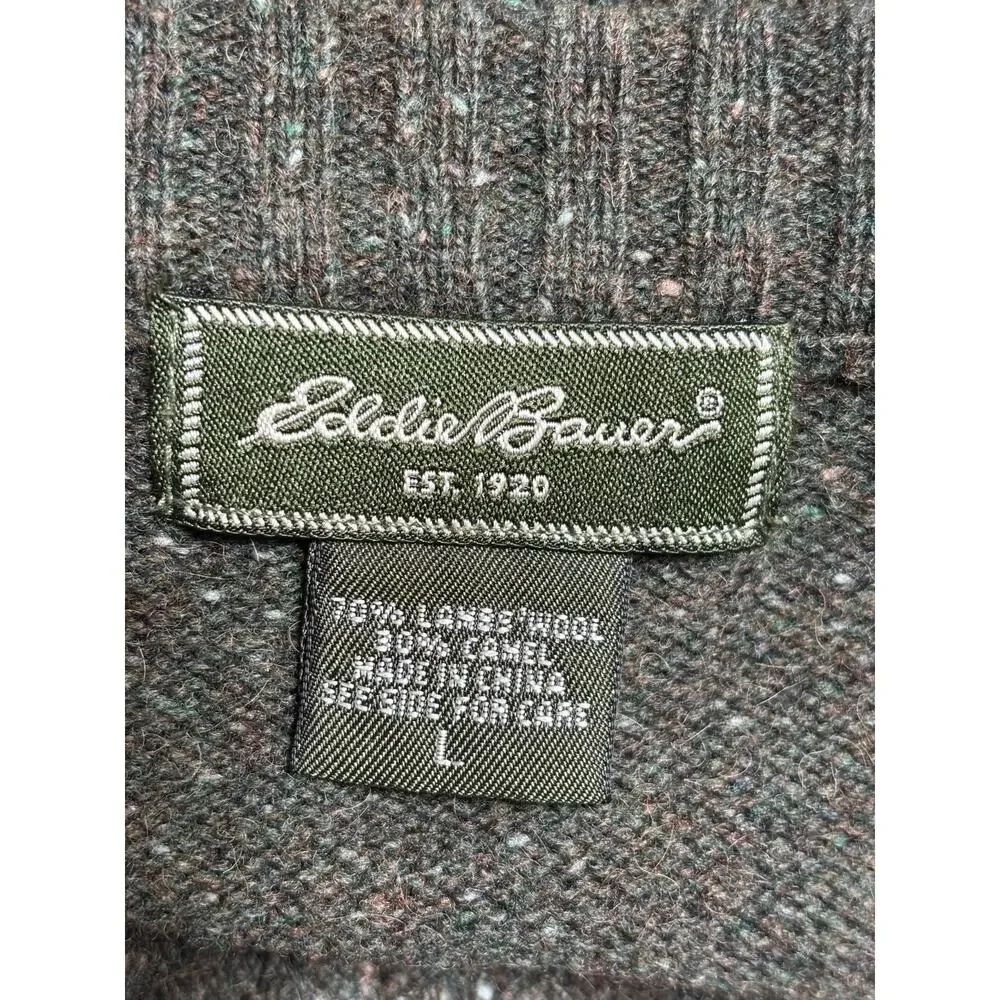 Eddie Bauer Lambswool Knit Sweater Mens Size L Olive Green V-Neck Long Sleeve
